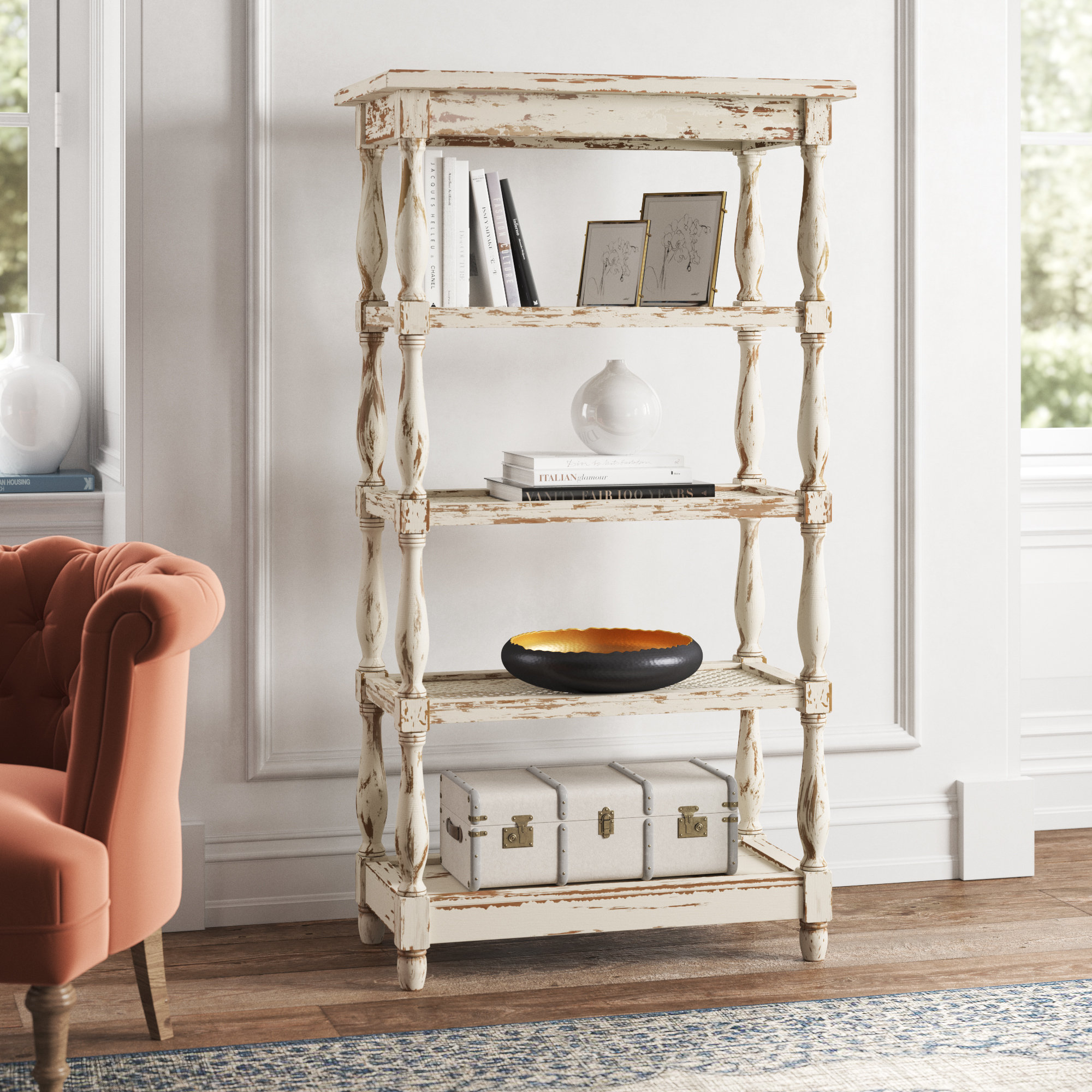 Kelly Clarkson Home Adella White Wood Distressed Open 5 Shelf Shelving Unit with Spindle Sides and Mesh Reviews Wayfair
